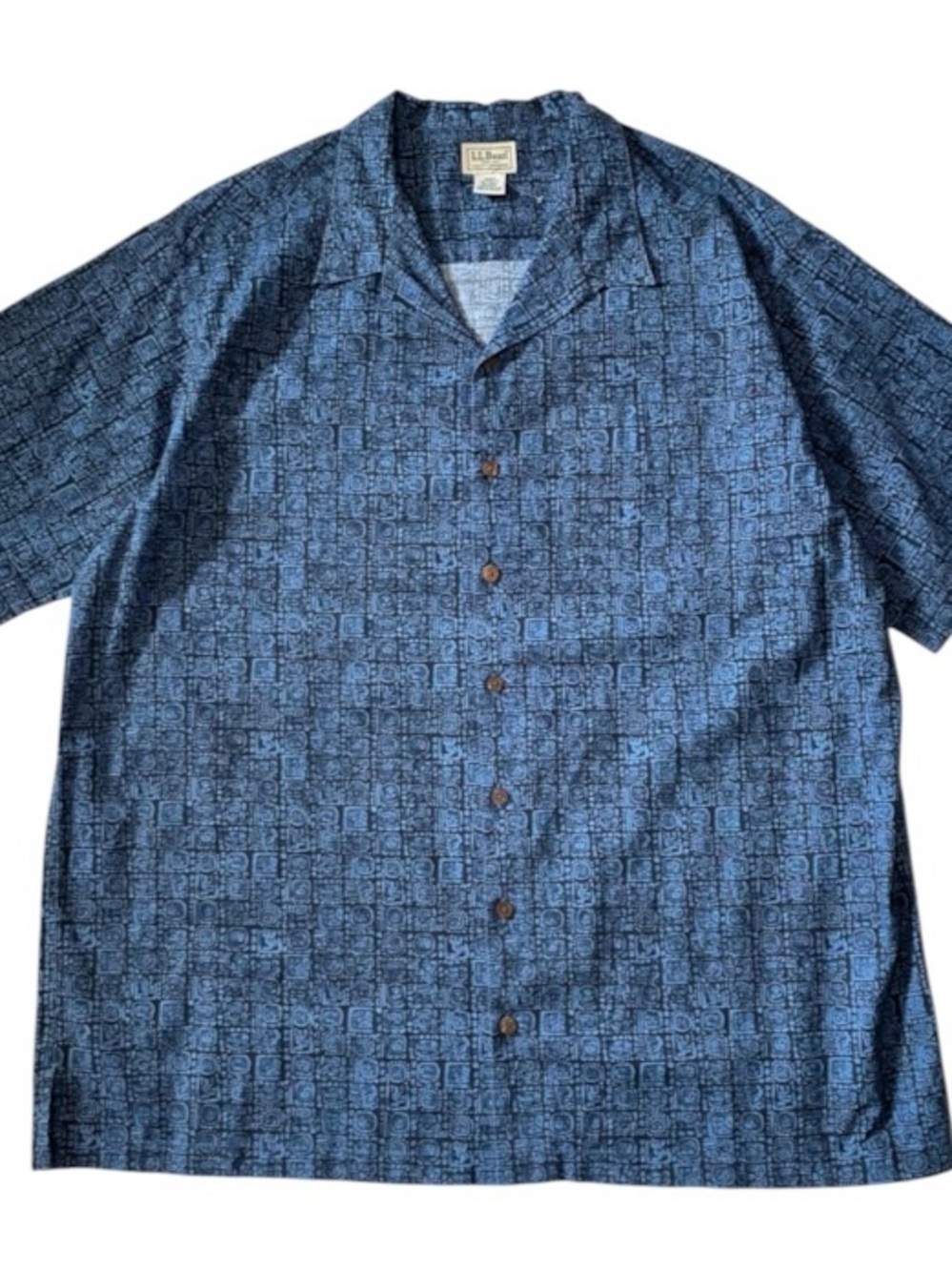 LL Bean Shirt Men's Large Aztec Hawaiian Tiki Geometric XL Tall Vtg 90s (I)